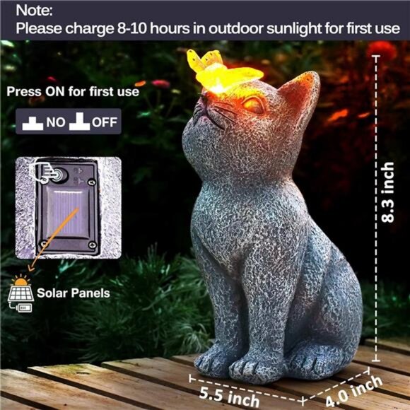 Solar Cat Garden Statue - Outdoor Cat Statue with Solar Butterfly - Picture 6 of 8